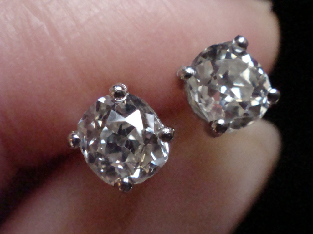 EDWARDIAN PLATINUM 1.20CT  OLD CUT DIAMOND STUD EARRINGS PIERCED EARS View VII