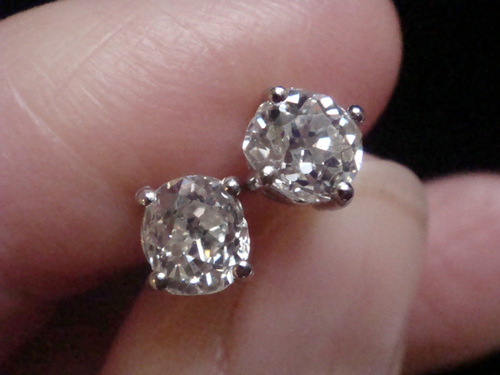 EDWARDIAN PLATINUM 1.20CT  OLD CUT DIAMOND STUD EARRINGS PIERCED EARS View IX