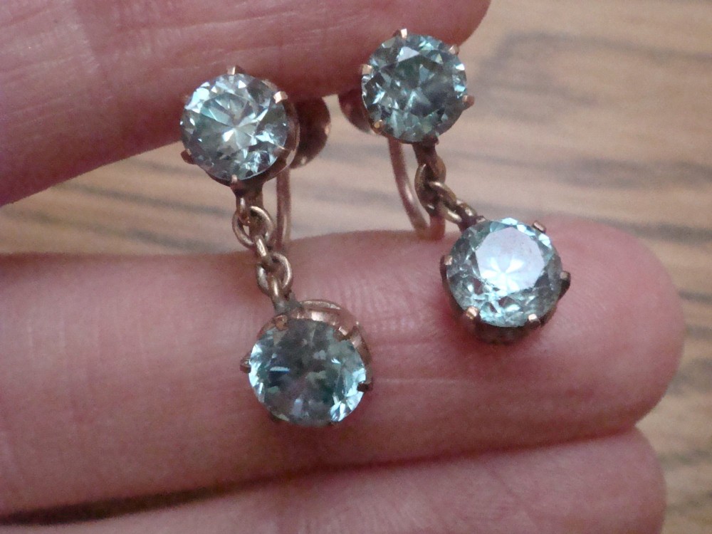 EDWARDIAN 9CT ROSE GOLD OLD NATURAL BLUE ZIRCON SCREW DROP  EARRINGS View II