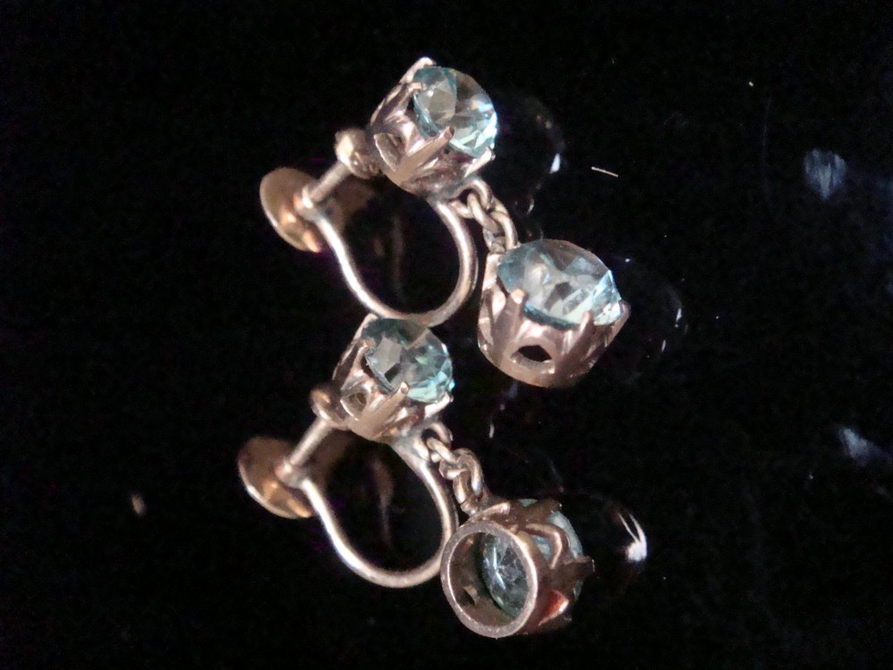 EDWARDIAN 9CT ROSE GOLD OLD NATURAL BLUE ZIRCON SCREW DROP  EARRINGS View V