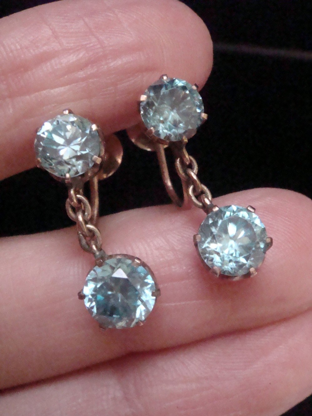 EDWARDIAN 9CT ROSE GOLD OLD NATURAL BLUE ZIRCON SCREW DROP  EARRINGS