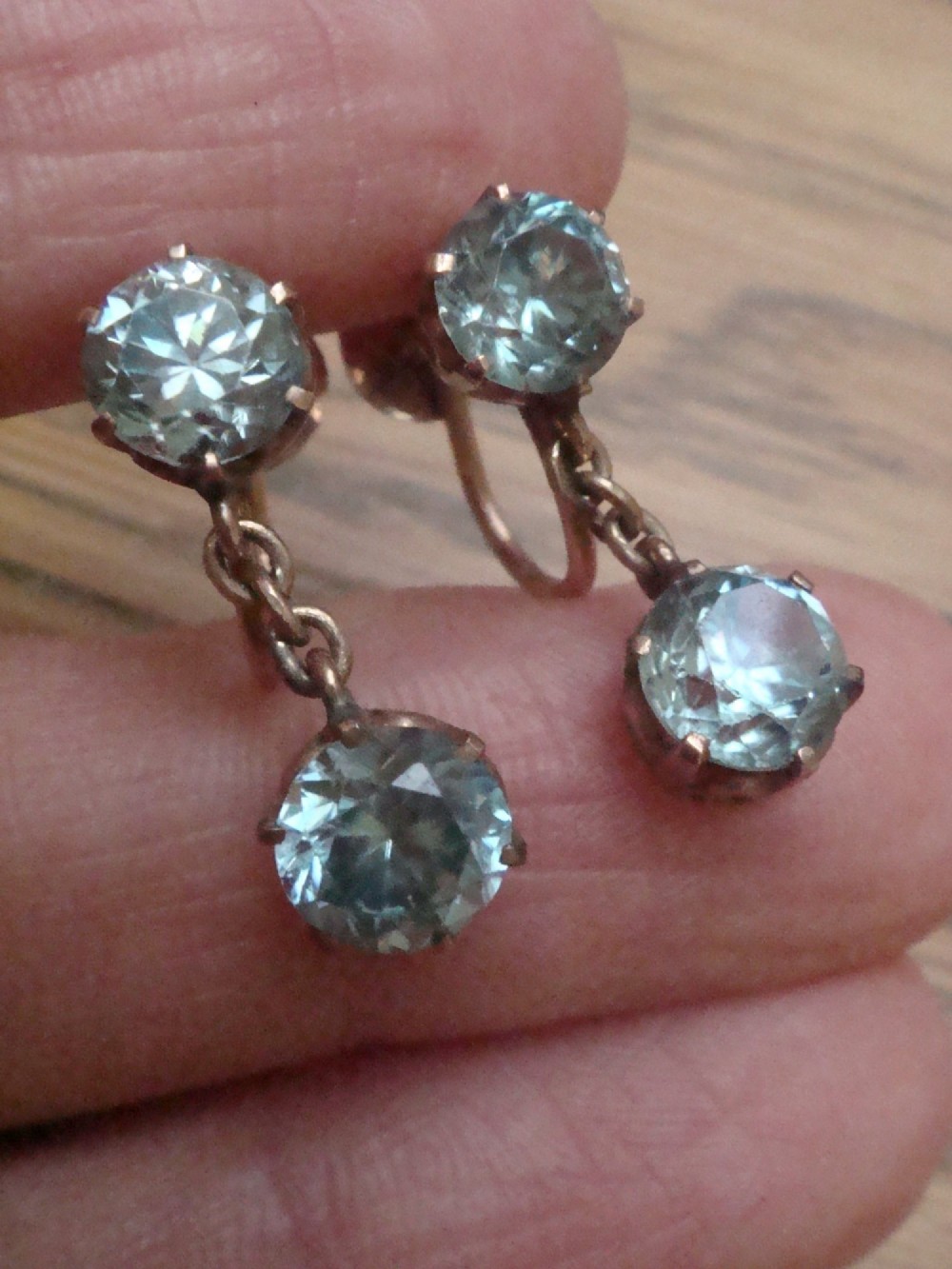 EDWARDIAN 9CT ROSE GOLD OLD NATURAL BLUE ZIRCON SCREW DROP  EARRINGS View III