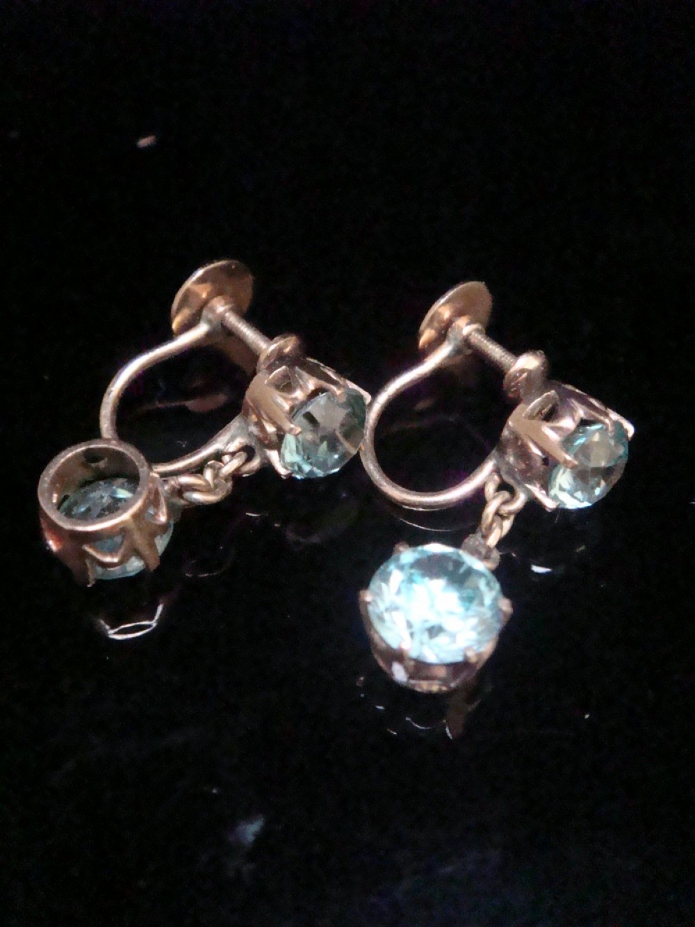 EDWARDIAN 9CT ROSE GOLD OLD NATURAL BLUE ZIRCON SCREW DROP  EARRINGS View IV