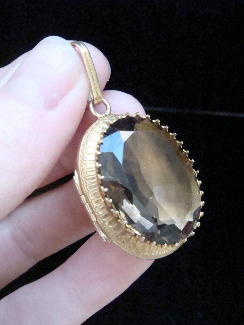 Victorian 18ct yellow gold locket pendant set with a large faceted oval brown citrine gemstone. View III