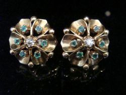 VINTAGE 1930S 18CT EMERALD OLD CUT DIAMOND FLOWER STUDS EARRINGS 6G