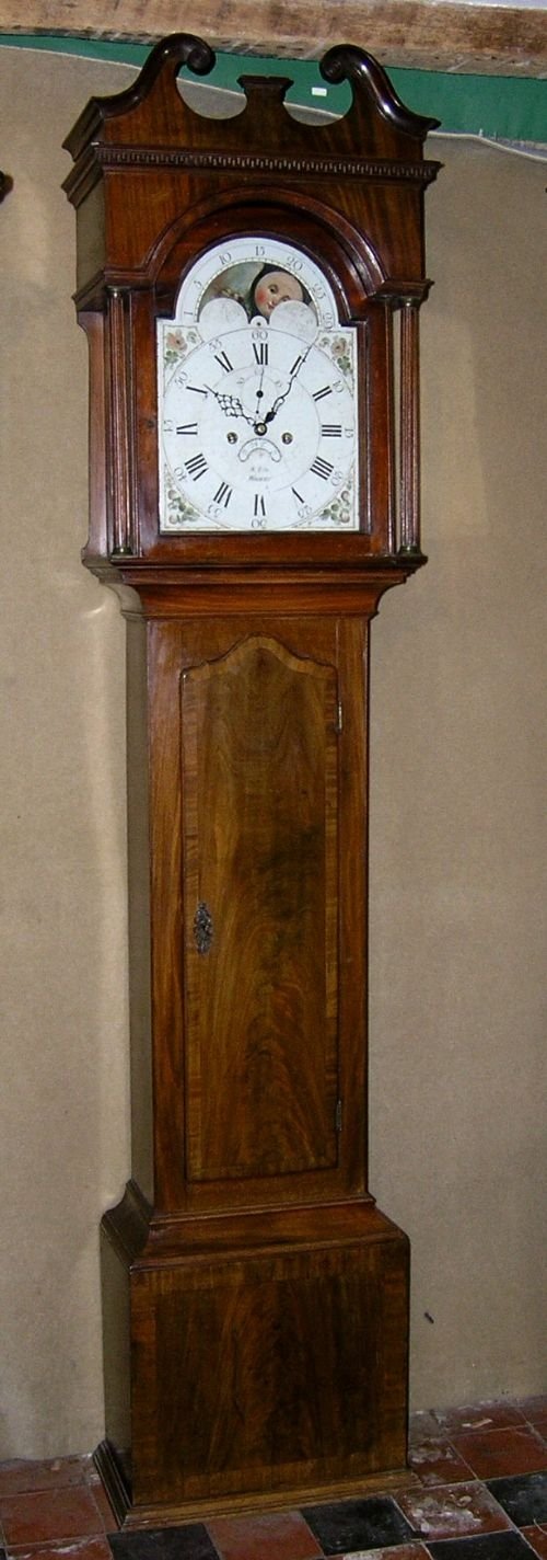 19th Cent Mahogany Moon Dial Longcase Clock