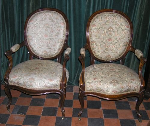 Pair 19th Cent Upholstered Arm Chairs