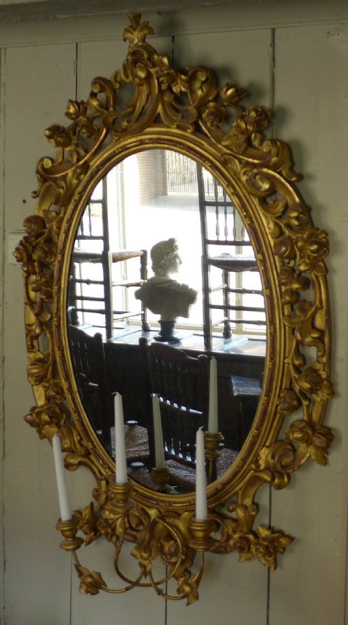 Superb 19th Cent Gilded Carved Wood Girandole Mirror