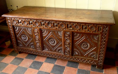 Superb 17th Cent Carved Oak Coffer