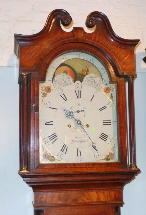 fig 1. Geo III Oak and Mahogany Moon Dial Longcase Clock