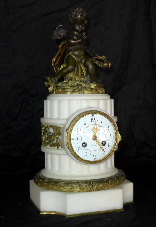 Exquisite White Marble, Ormolu and Bronze Clock