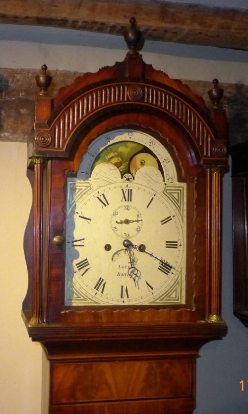 fig 1. Early 19th Cent Mahogany Longcase Clock with Moon Dial