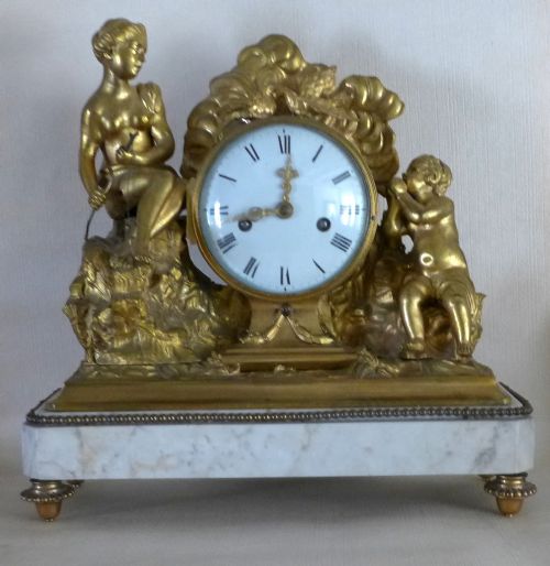 Large 19th Cent Gilt Bronze and White Marble Mantle Clock