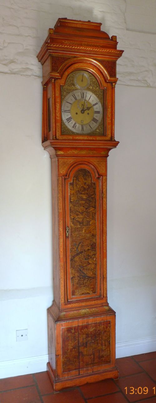 18th Cent London Red Lacquer Longcase Clock