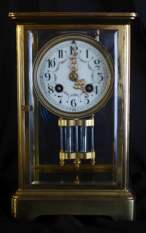 19th Cent Brass Four Glass French Mantle Clock