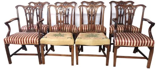 Set 8 (6+2) 18th Cent Chippendale Gothic Mahogany Dinning Chairs