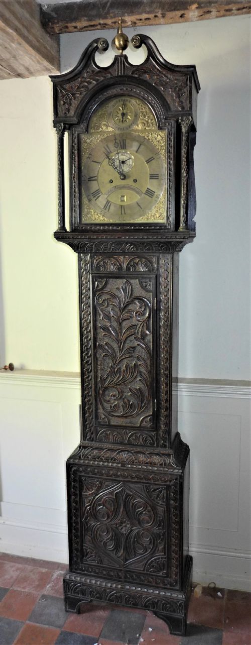 18th Cent Carved Oak 8 Day Long Case / Grandfather Clock