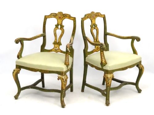 Pair of 19th Cent Venetian Painted Arm Chairs