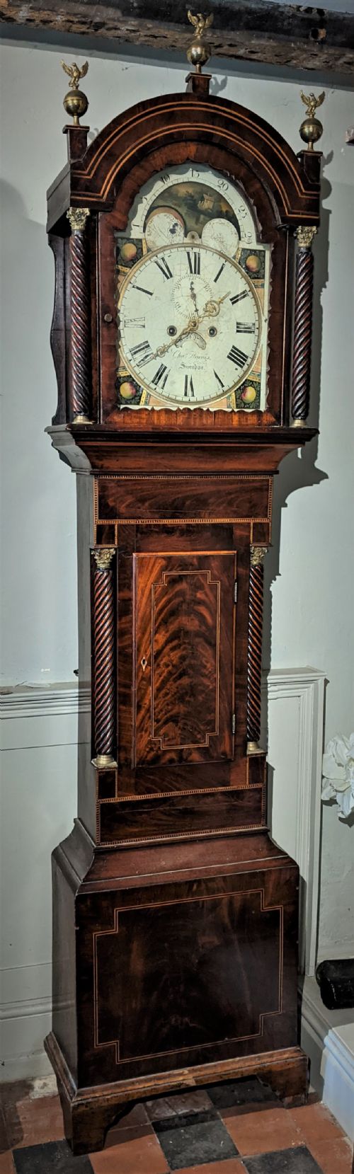 19th Cent Mahogany Moon Dial Long Case Longcase Grandfather Clock
