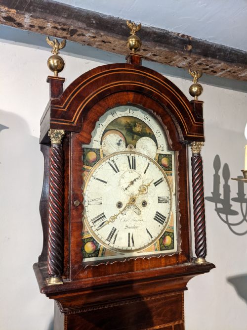 fig 1. 19th Cent Mahogany Moon Dial Long Case Longcase Grandfather Clock