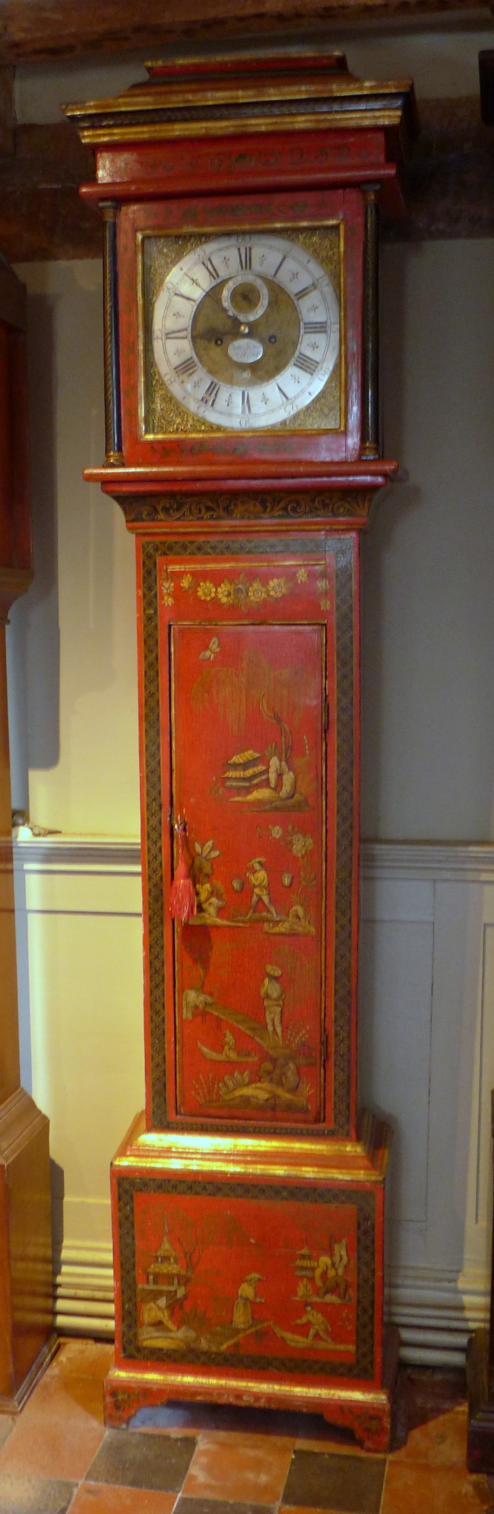 Early 18th Cent London Red Lacquer Longcase Clock