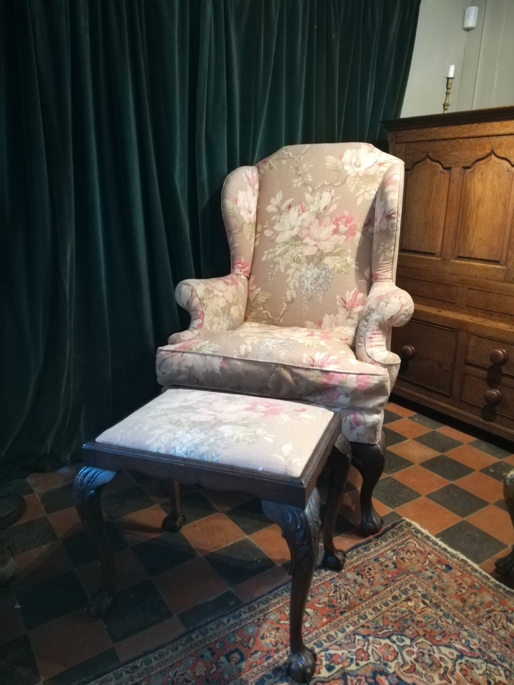 19th Cent Queen Ann Style Wing Chair and Stool