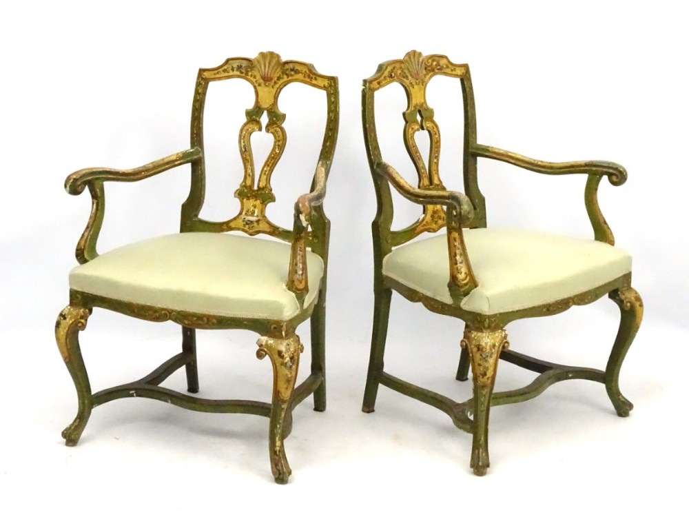 Pair Of 19th Cent Venetian Painted Arm Chairs