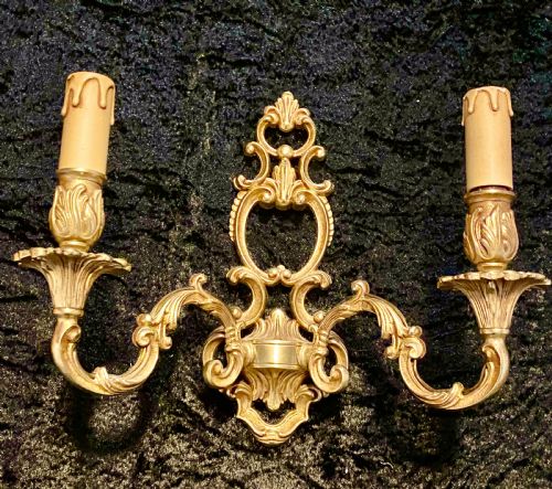 A PAIR OF TWO ARM FRENCH BRASS WALLLIGHTS WITH OPEN FRAME - ADDITIONAL PHOTO 1