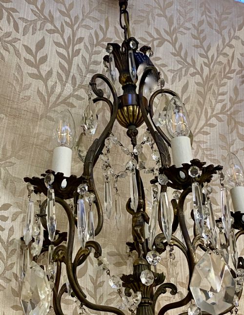 A FIVE LIGHT ITALIAN DARK FRAMED CHERUB ANTIQUE CHANDELIER - ADDITIONAL PHOTO 2
