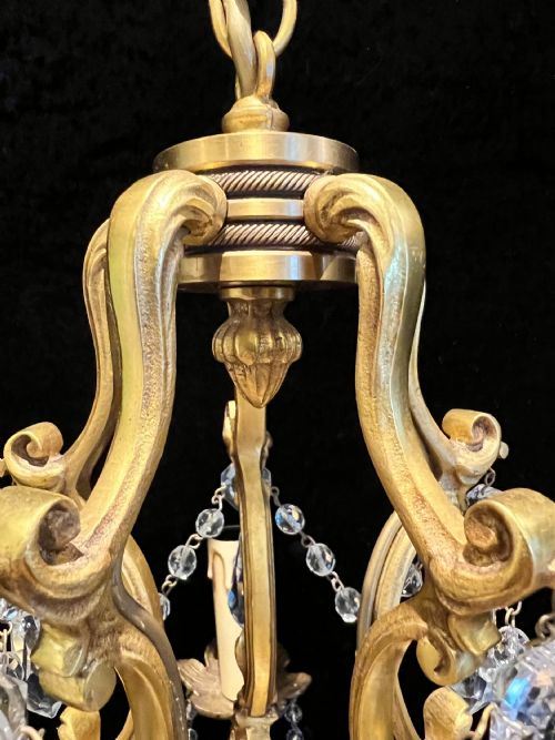 FRENCH GILT BRASS FIVE LIGHT ANTIQUE CRYSTAL CHANDELIER - ADDITIONAL PHOTO 1