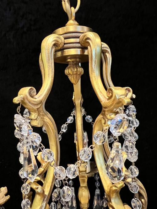 FRENCH GILT BRASS FIVE LIGHT ANTIQUE CRYSTAL CHANDELIER - ADDITIONAL PHOTO 2