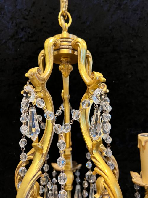 FRENCH GILT BRASS FIVE LIGHT ANTIQUE CRYSTAL CHANDELIER - ADDITIONAL PHOTO 3