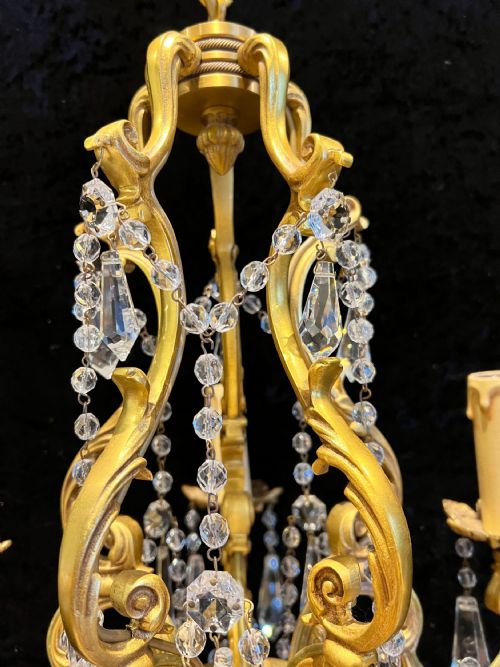 FRENCH GILT BRASS FIVE LIGHT ANTIQUE CRYSTAL CHANDELIER - ADDITIONAL PHOTO 5