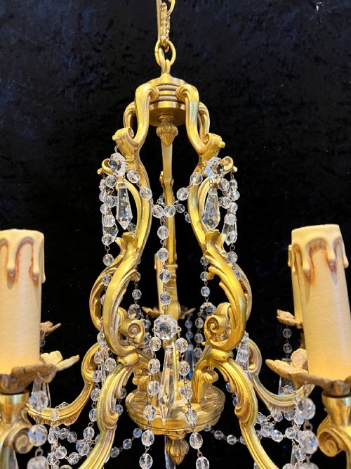 FRENCH GILT BRASS FIVE LIGHT ANTIQUE CRYSTAL CHANDELIER - ADDITIONAL PHOTO 6