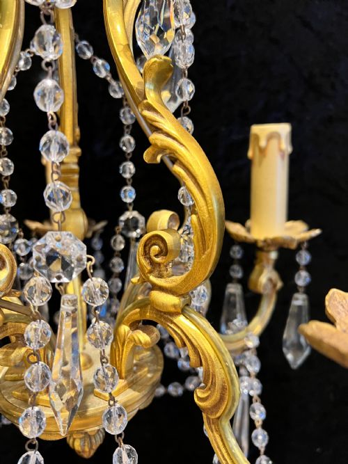 FRENCH GILT BRASS FIVE LIGHT ANTIQUE CRYSTAL CHANDELIER - ADDITIONAL PHOTO 7