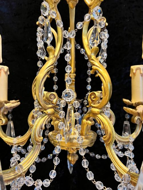 FRENCH GILT BRASS FIVE LIGHT ANTIQUE CRYSTAL CHANDELIER - ADDITIONAL PHOTO 8