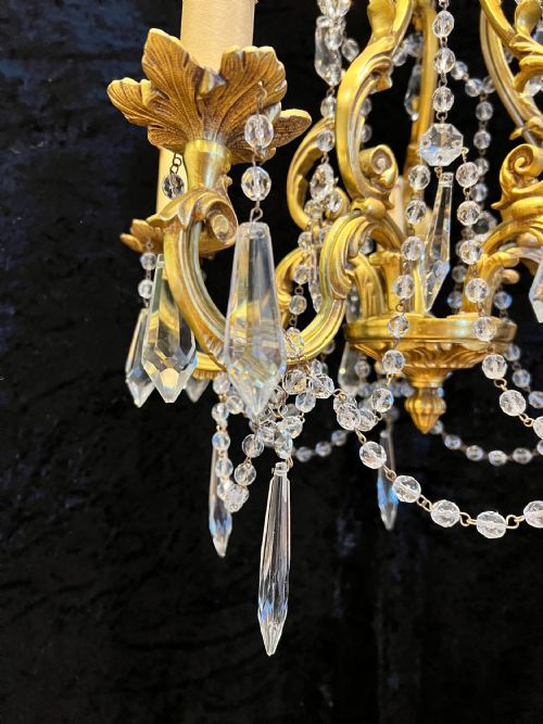 FRENCH GILT BRASS FIVE LIGHT ANTIQUE CRYSTAL CHANDELIER - ADDITIONAL PHOTO 9