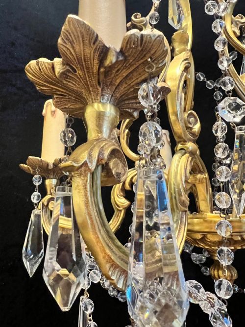 FRENCH GILT BRASS FIVE LIGHT ANTIQUE CRYSTAL CHANDELIER - ADDITIONAL PHOTO 10