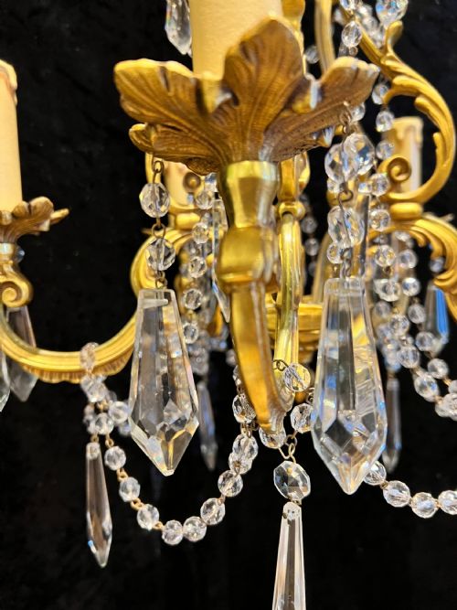 FRENCH GILT BRASS FIVE LIGHT ANTIQUE CRYSTAL CHANDELIER - ADDITIONAL PHOTO 11