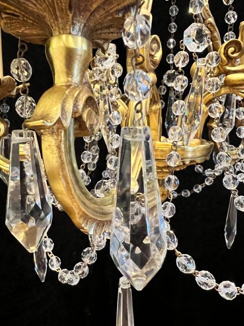 FRENCH GILT BRASS FIVE LIGHT ANTIQUE CRYSTAL CHANDELIER - ADDITIONAL PHOTO 12