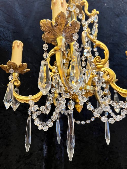FRENCH GILT BRASS FIVE LIGHT ANTIQUE CRYSTAL CHANDELIER - ADDITIONAL PHOTO 13