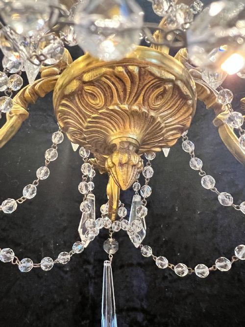 FRENCH GILT BRASS FIVE LIGHT ANTIQUE CRYSTAL CHANDELIER - ADDITIONAL PHOTO 14