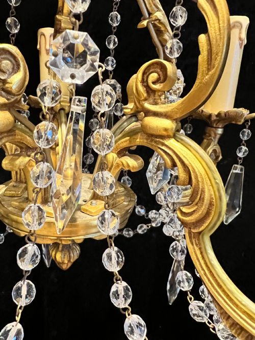 FRENCH GILT BRASS FIVE LIGHT ANTIQUE CRYSTAL CHANDELIER - ADDITIONAL PHOTO 16