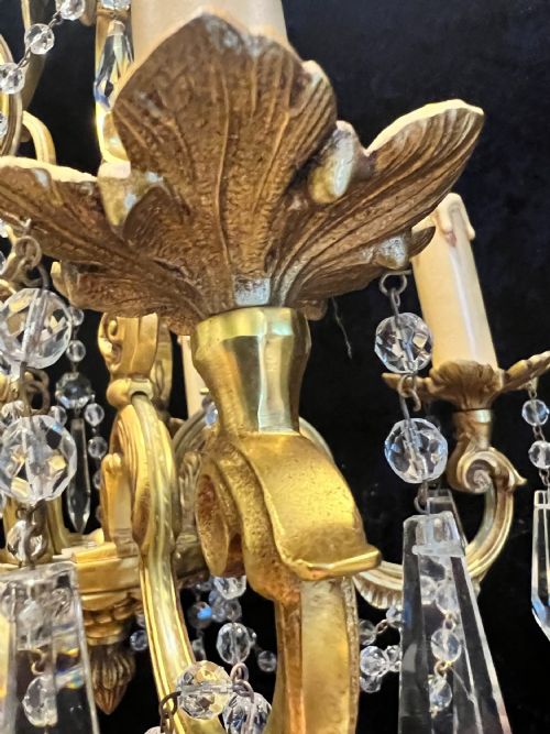 FRENCH GILT BRASS FIVE LIGHT ANTIQUE CRYSTAL CHANDELIER - ADDITIONAL PHOTO 17