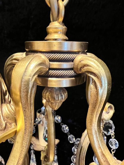 FRENCH GILT BRASS FIVE LIGHT ANTIQUE CRYSTAL CHANDELIER - ADDITIONAL PHOTO 19