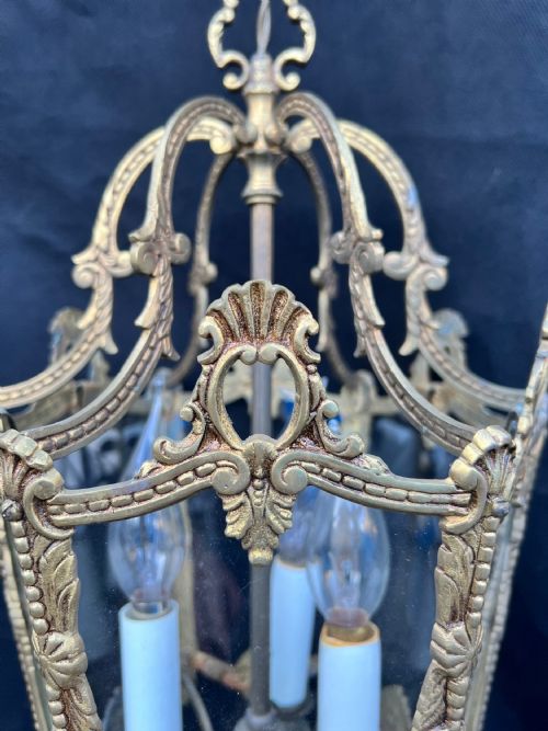 A THREE LIGHT FRENCH ANTIQUE BRASS LANTERN - ADDITIONAL PHOTO 4