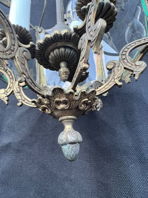 A THREE LIGHT FRENCH ANTIQUE BRASS LANTERN - ADDITIONAL PHOTO 9