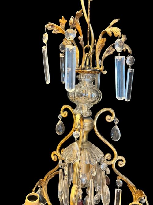 FRENCH GILT BRASS 4 LIGHT ANTIQUE CHANDELIER - ADDITIONAL PHOTO 4