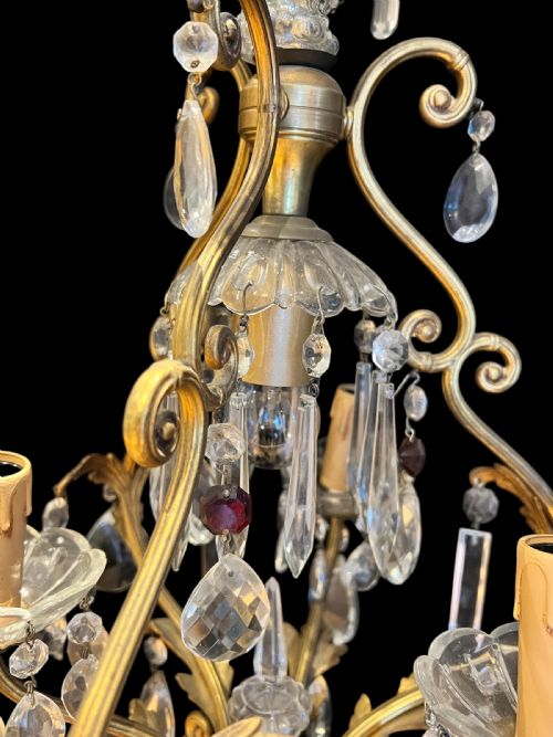 FRENCH GILT BRASS 4 LIGHT ANTIQUE CHANDELIER - ADDITIONAL PHOTO 5