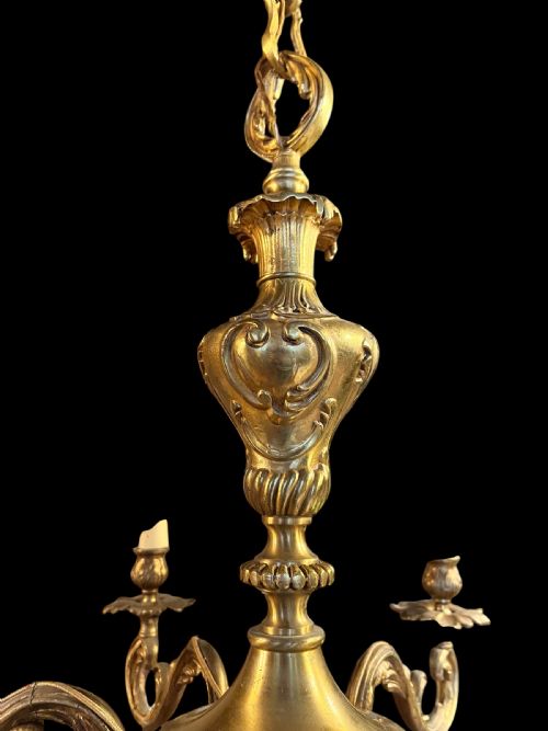 FRENCH HEAVY BRASS SIX LIGHT ANTIQUE CHANDELIER - ADDITIONAL PHOTO 2